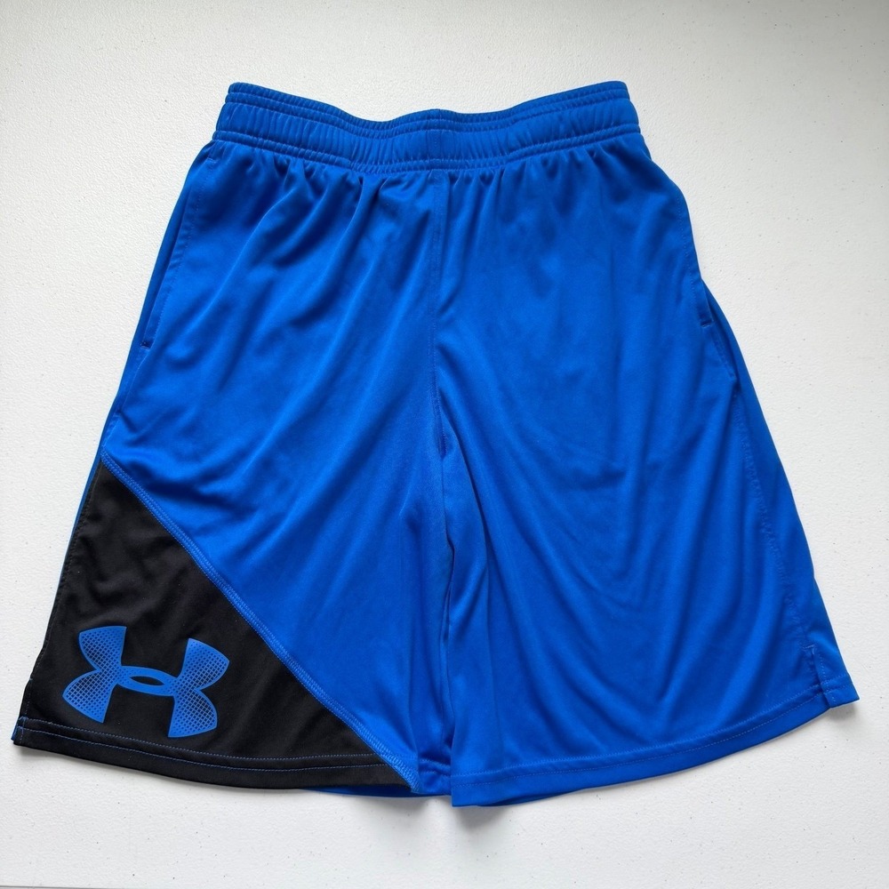 🔆 Under Armour Youth Medium Heat Gear Blue‎ Athletic Shorts Large Logo